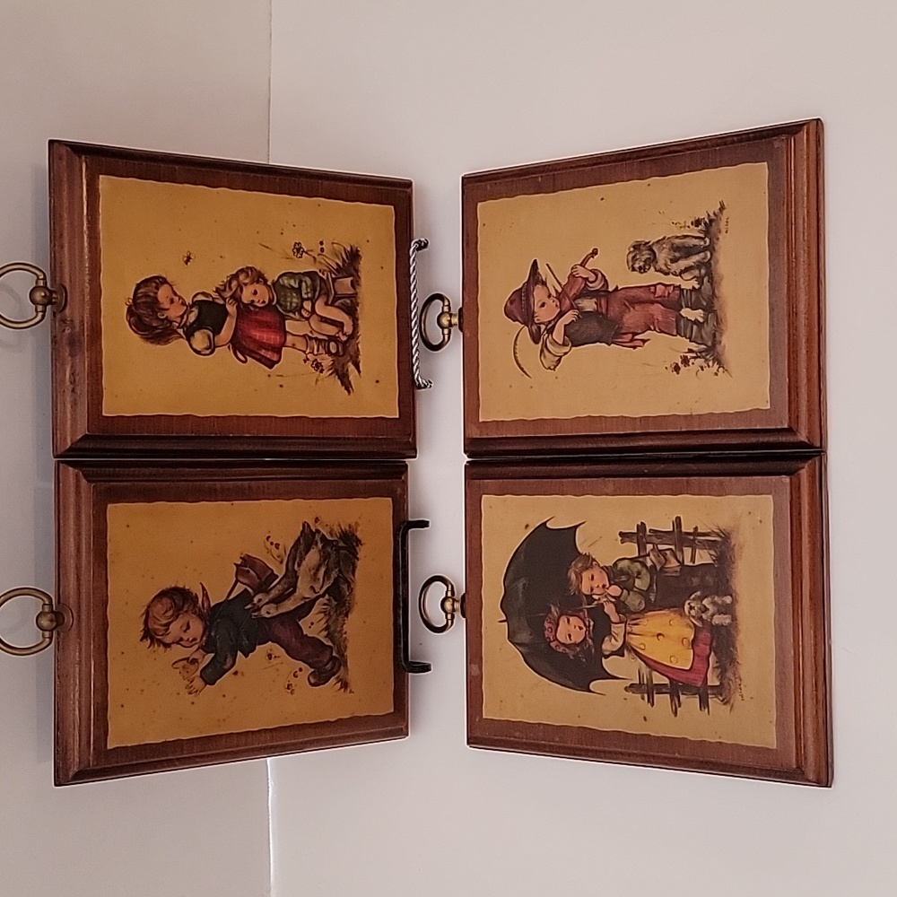Set of 4  German Hummel Wood wall plaques  by Hilde 5"×7" Vintage